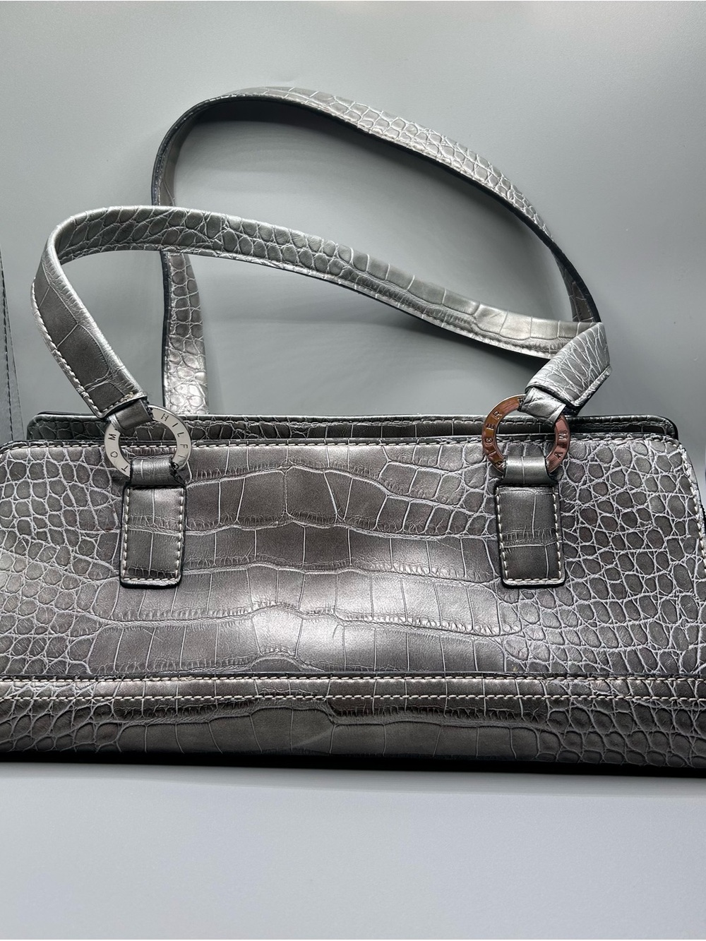 Vintage Y2K Tommy Hilfiger Silver Croc-Embossed Shoulder Bag